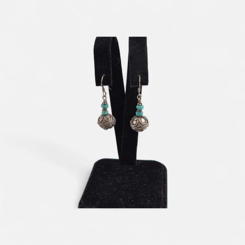 Vintage Bali Style Silver Tone Turquoise Bead Drop Earrings